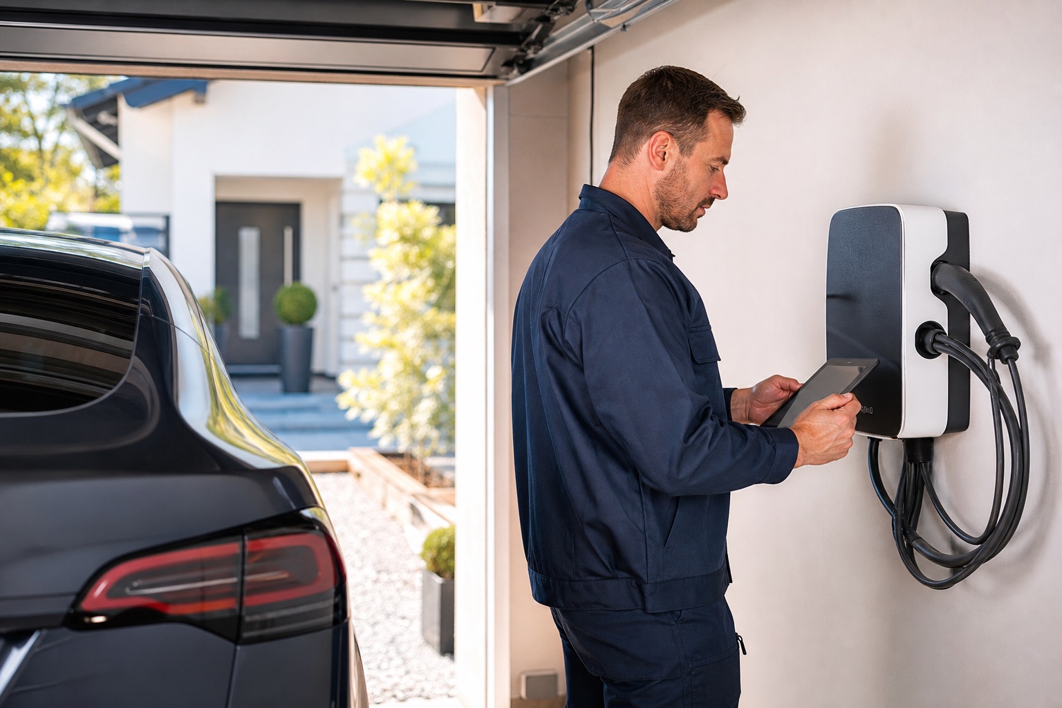 Electrician checking an EV charger installation